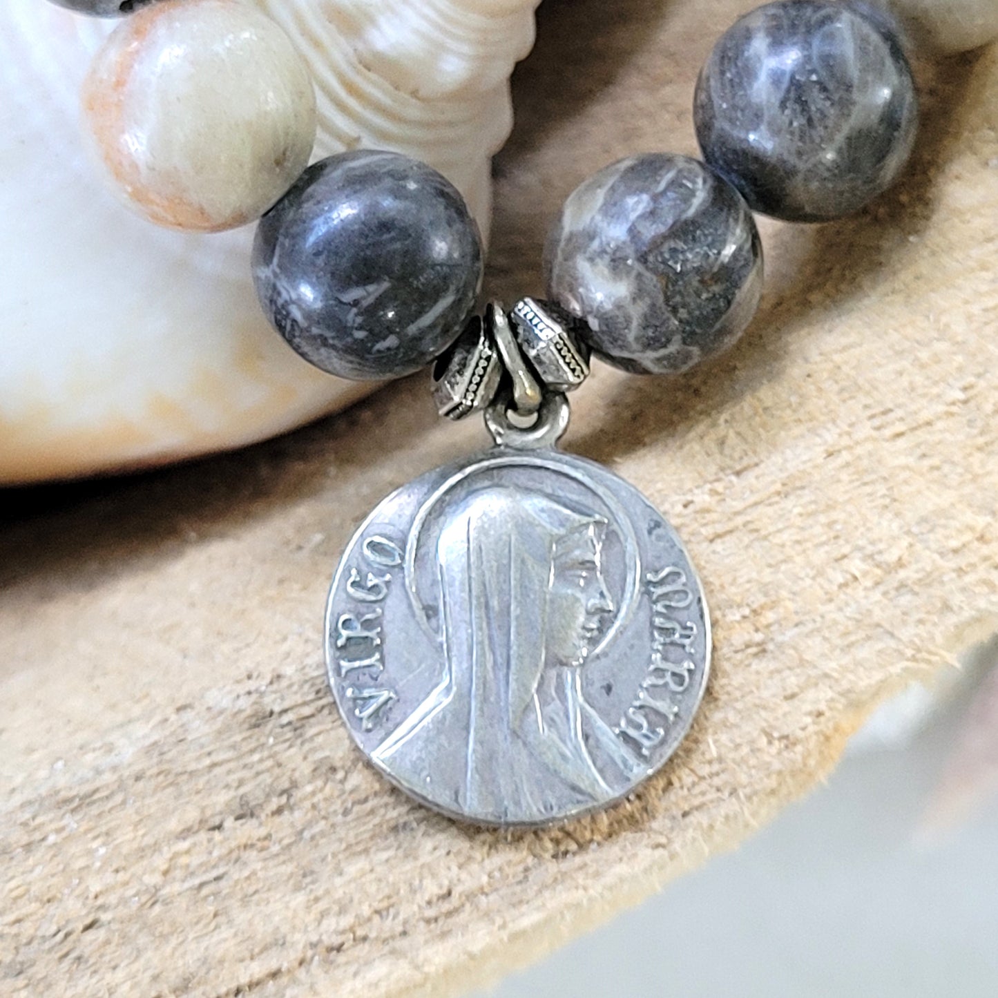 Jasper 10mm Beaded Bracelet w/ Virgo Maria + Our Lady of Lourdes Silver Medal - Afterlife Jewelry Designs