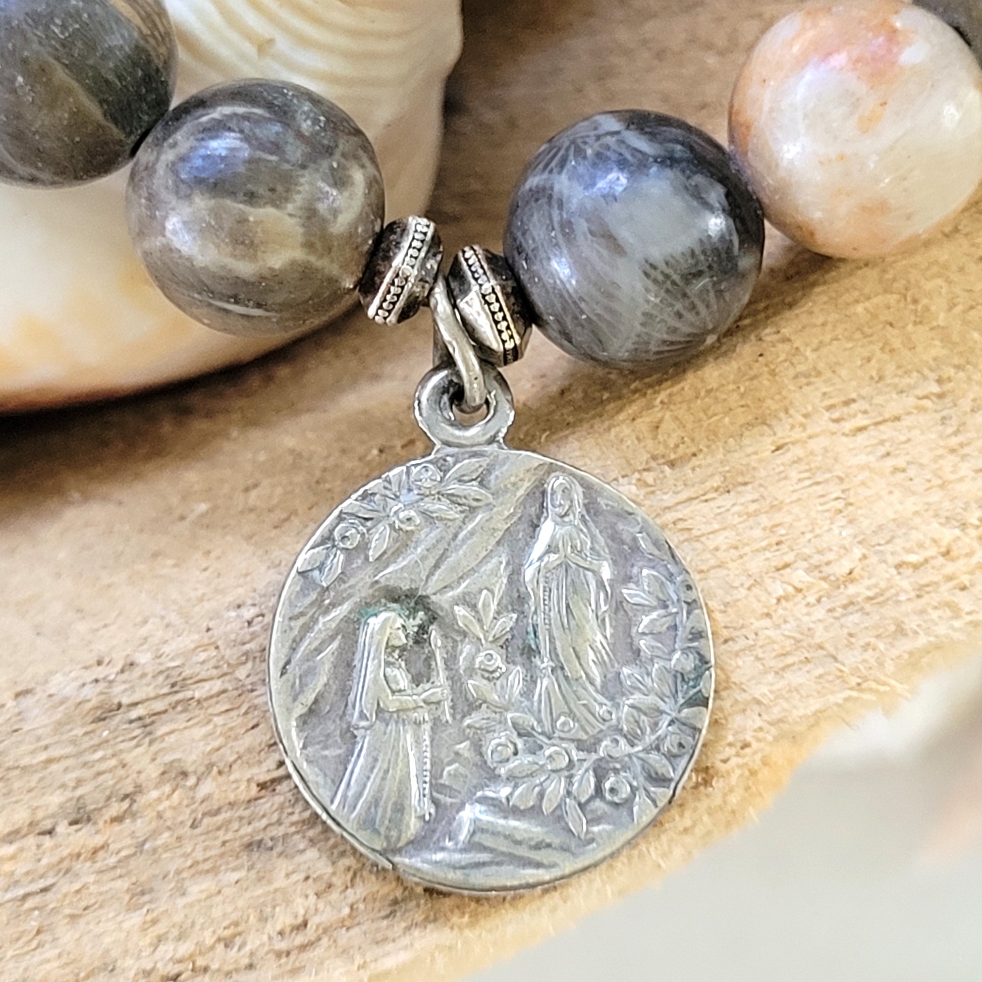 Jasper 10mm Beaded Bracelet w/ Virgo Maria + Our Lady of Lourdes Silver Medal - Afterlife Jewelry Designs