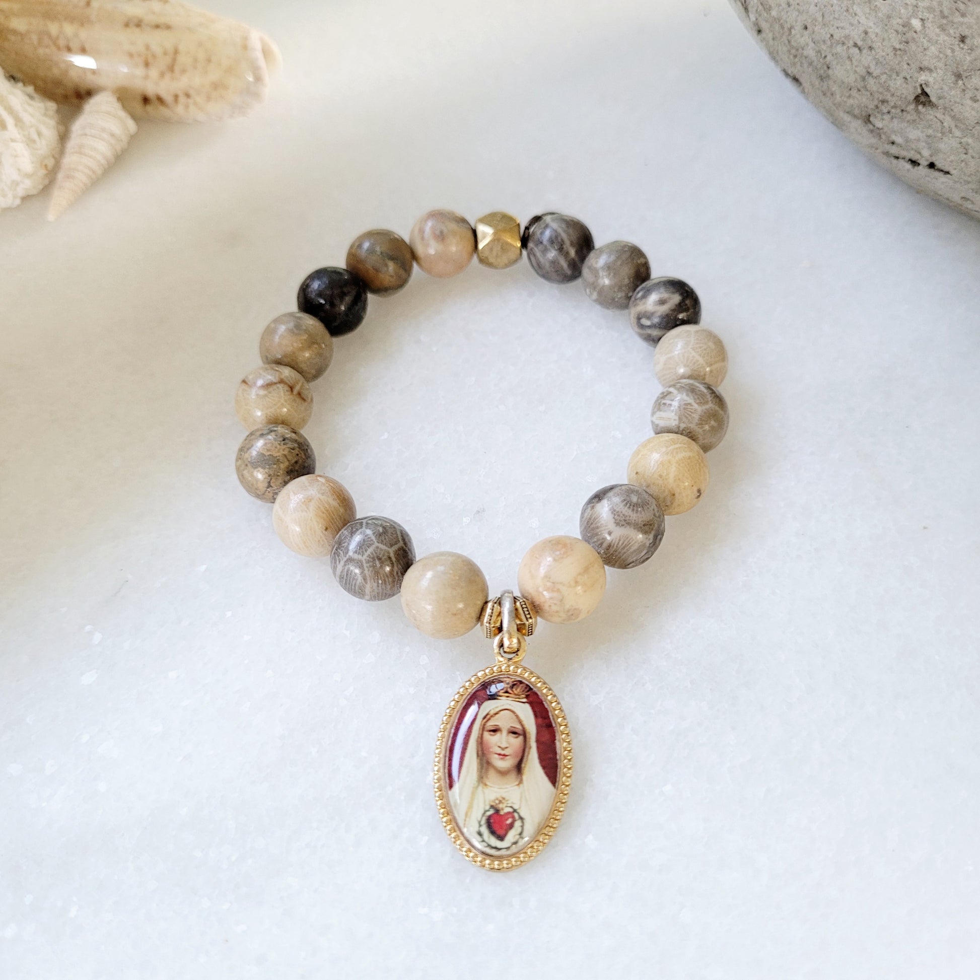 Jasper 10mm Beaded Bracelet w/ Our Lady of Fatima Gold-plated Medal - Afterlife Jewelry Designs