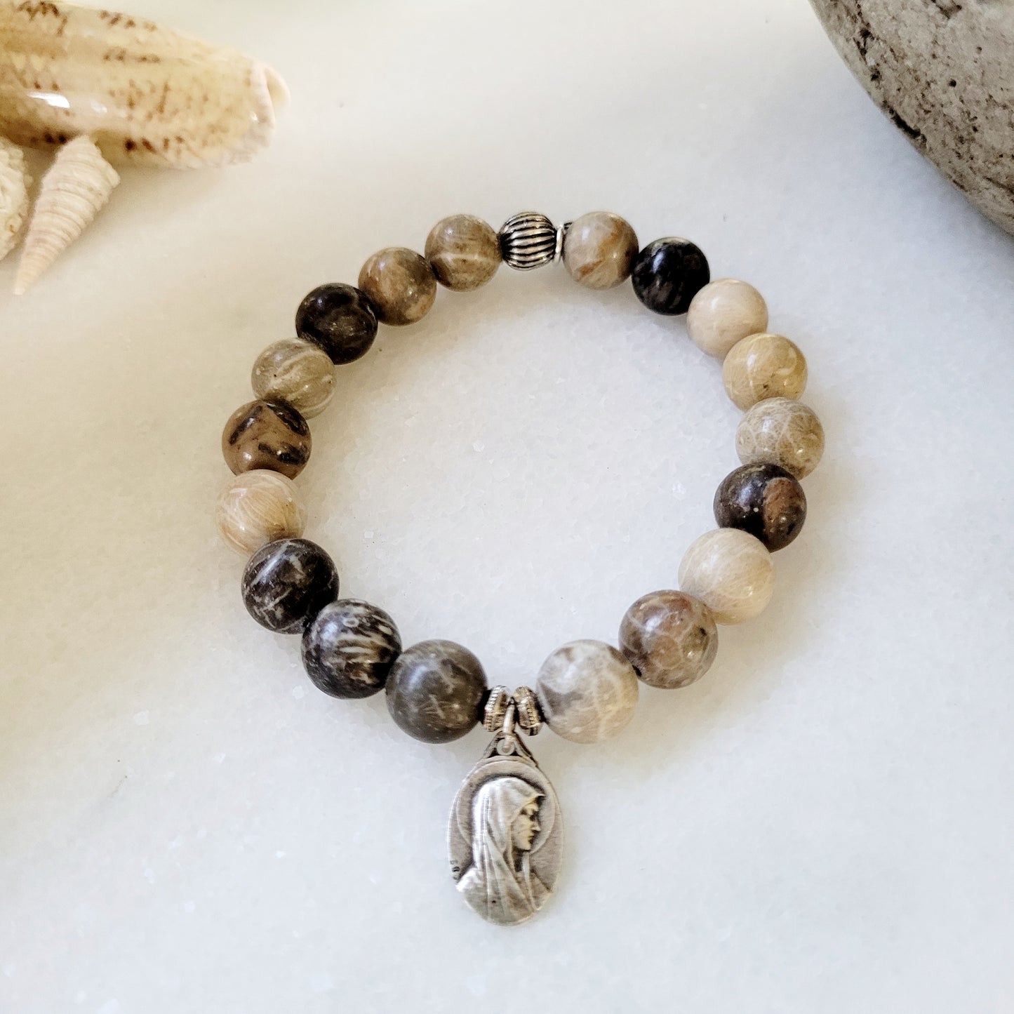 Jasper 10mm Beaded Bracelet w/ Our Lady of Lourdes Embossed Silver Medal