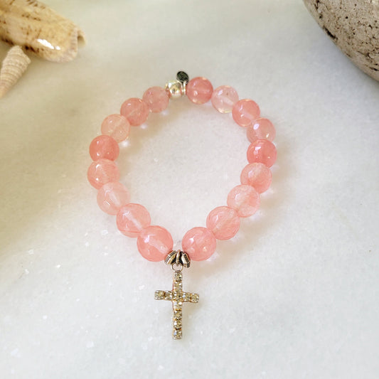 Cherry Quartz Faceted 12mm Beaded Bracelet w/ Rhinestone Cross