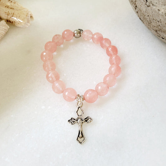 Cherry Quartz Faceted 12mm Beaded Bracelet w/ Crucifix Cross Vintage Silver