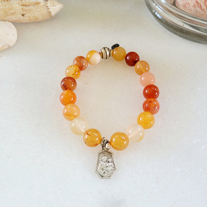 Carnelian 10mm Beaded Bracelet w/ Oratoire of St. Joseph Vintage Medal from France