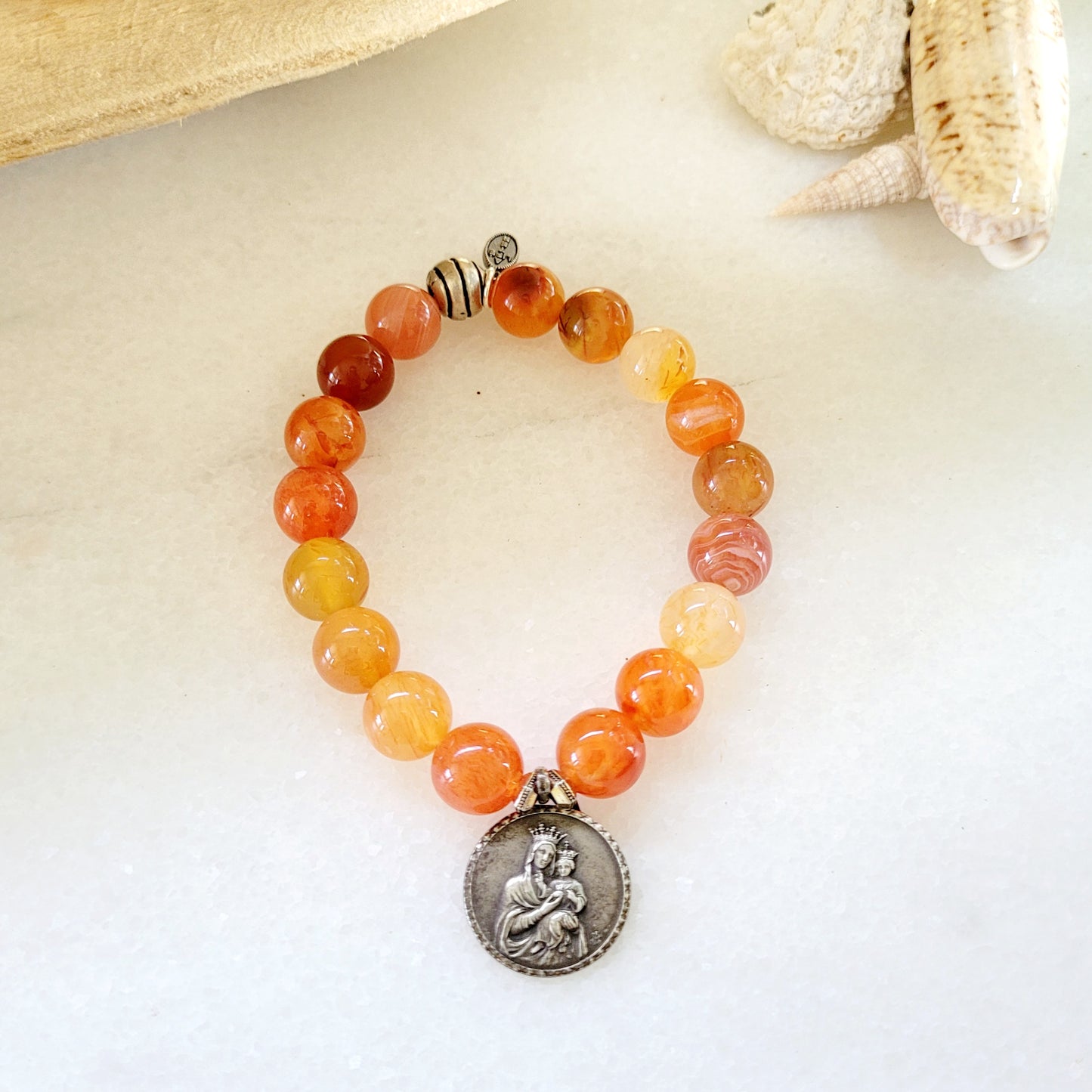 Carnelian 10mm Beaded Bracelet w/ Our Lady of Mount Carmel + Sacred Heart of Jesus Medal