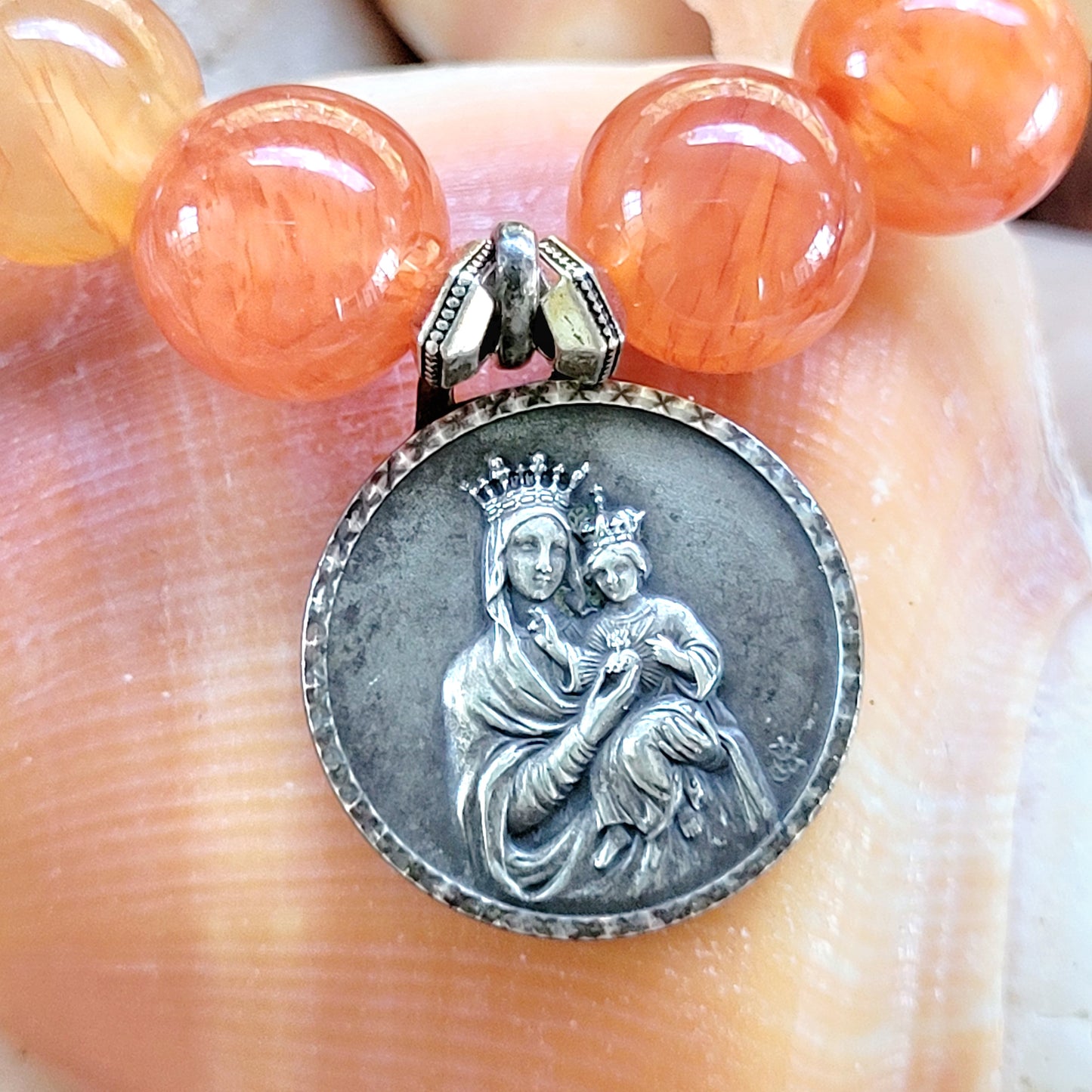 Carnelian 10mm Beaded Bracelet w/ Our Lady of Mount Carmel + Sacred Heart of Jesus Medal