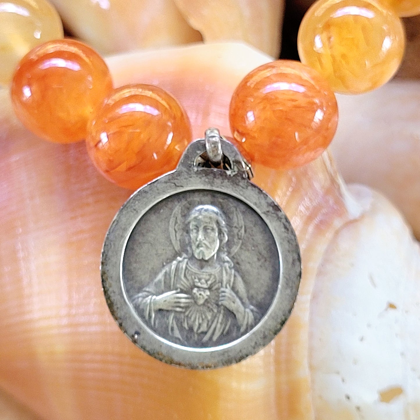 Carnelian 10mm Beaded Bracelet w/ Our Lady of Mount Carmel + Sacred Heart of Jesus Medal