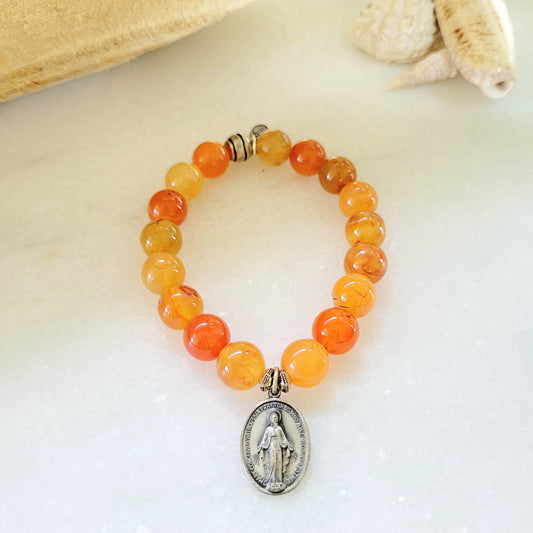 Carnelian 10mm Beaded Bracelet w/ Miraculous Medal of Mary Silver Medallion