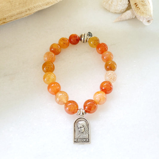 Carnelian 10mm Beaded Bracelet w/ Our Lady of Medjugorje Silver Medal