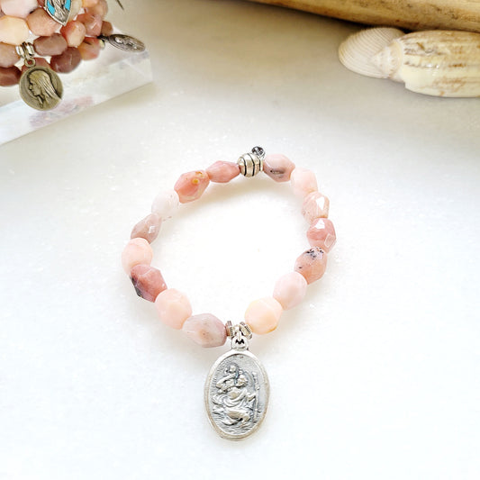 Pink Opal Tubular Beaded Bracelet w/ St. Christopher + St. Raphael the Archangel Silver Medal