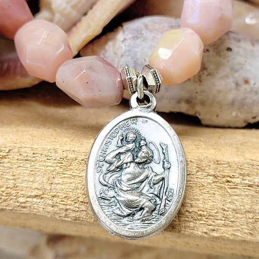 Pink Opal Tubular Beaded Bracelet w/ St. Christopher + St. Raphael the Archangel Silver Medal