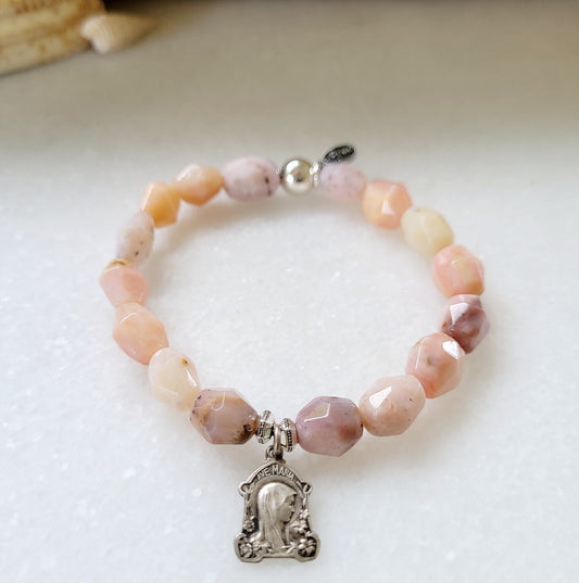 Pink Opal Tubular Beaded Bracelet w/ Our Lady of Lourdes Silver Embossed Medal