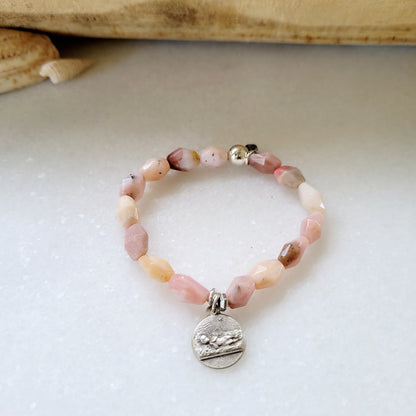 Pink Opal Tubular Beaded Bracelet w/ Infant Jesus in Manger / Jerusalem Cross Medal