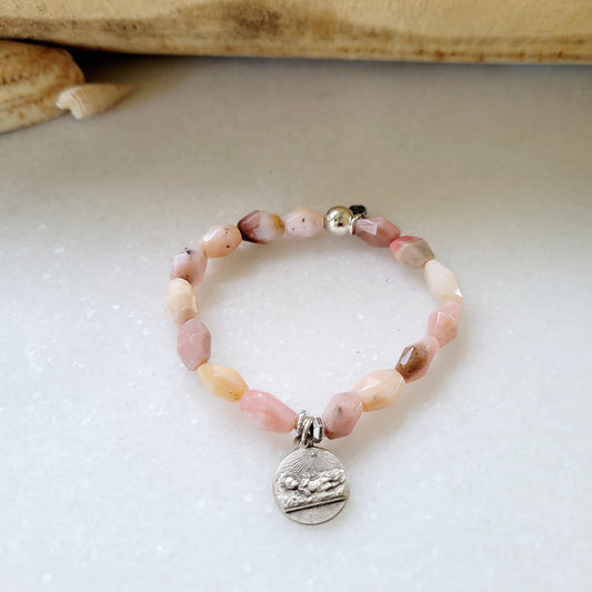 Pink Opal Tubular Beaded Bracelet w/ Infant Jesus in Manger / Jerusalem Cross Medal