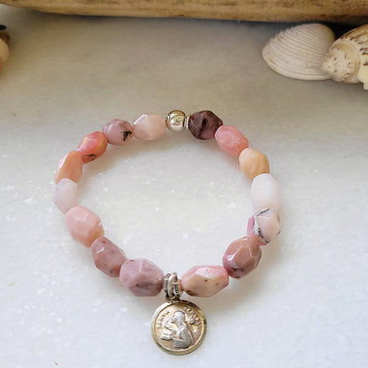 Pink Opal Tubular Beaded Bracelet w/ St. Teresa of Avila Rare Silver Medal