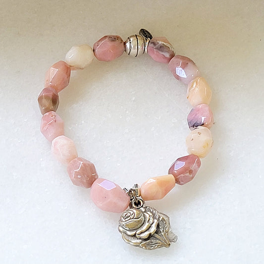 Pink Opal Tubular Beaded Bracelet w/ Flower Medal / Blessed Virgin Mary