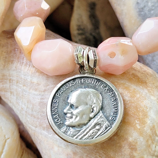 Pink Opal Tubular Beaded Bracelet w/ Pope St. John Paul II / St. Peter's Square Silver Medal