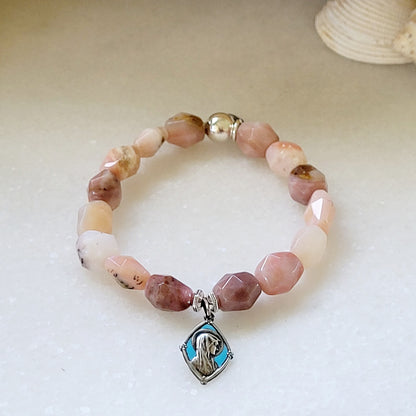 Pink Opal Tubular Beaded Bracelet w/ Our Lady of Lourdes Enameled Silver Medal