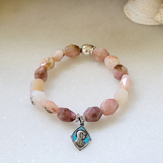 Pink Opal Tubular Beaded Bracelet w/ Our Lady of Lourdes Enameled Silver Medal
