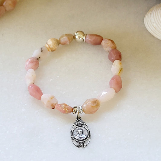Pink Opal Tubular Beaded Bracelet w/ St. Mutien-Marie of Belgium Cut-out Silver Medal