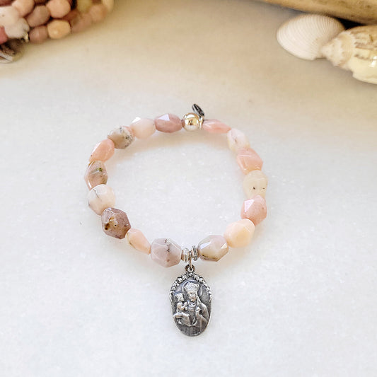 Pink Opal Tubular Beaded Bracelet w/ St. Anne de Beaupre Sterling Silver Medal