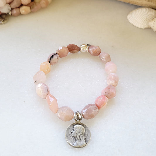 Pink Opal Tubular Beaded Bracelet w/ Our Lady of Lourdes Signed Silver Medal