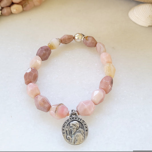 Pink Opal Tubular Beaded Bracelet w/ St. Alexis Embossed Silver Medal