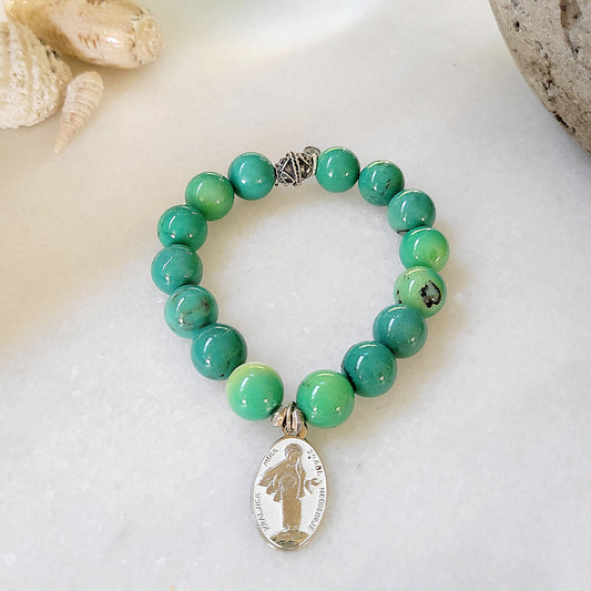 Green Jade 12mm Beaded Bracelet w/ Our Lady of Medjugorje Enameled Silver Medal