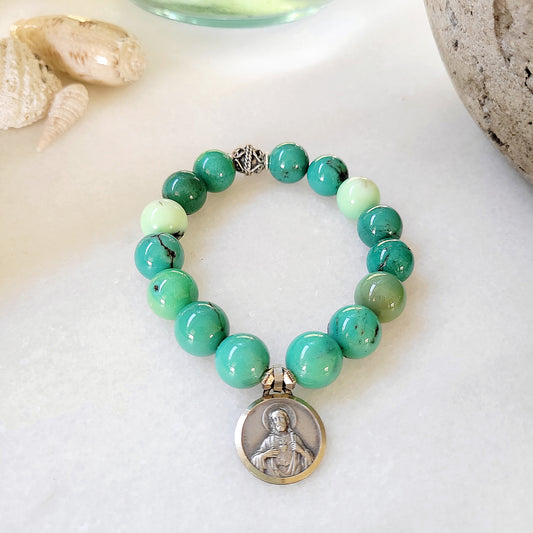 Green Jade 12mm Beaded Bracelet w/ Sacred Heart of Jesus / Our Lady of Mt. Carmel Silver Medal