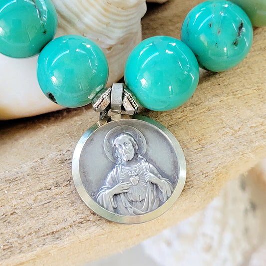 Green Jade 12mm Beaded Bracelet w/ Sacred Heart of Jesus / Our Lady of Mt. Carmel Silver Medal