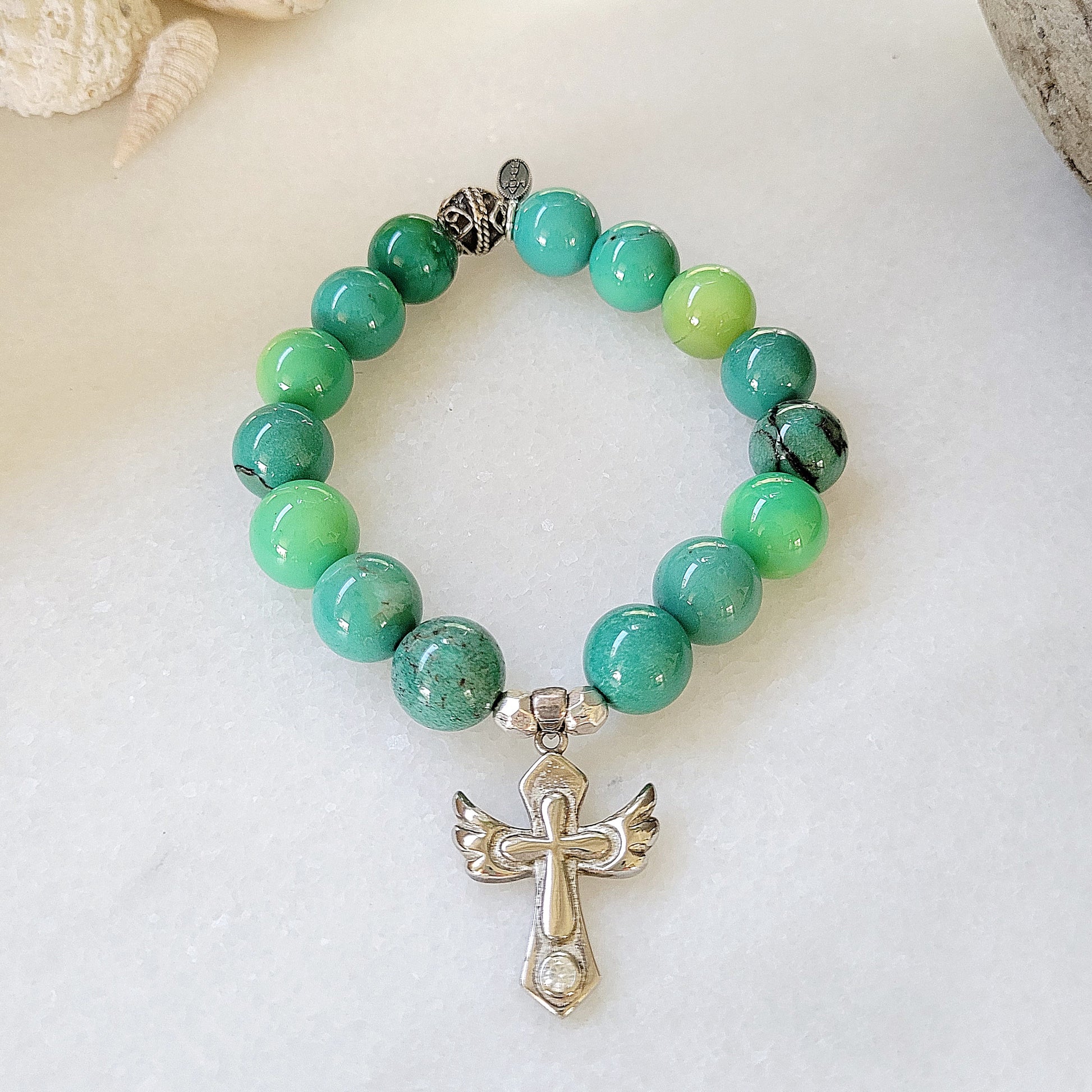 Green Jade 12mm Beaded Bracelet w/ Winged Cross Sterling Silver Medal