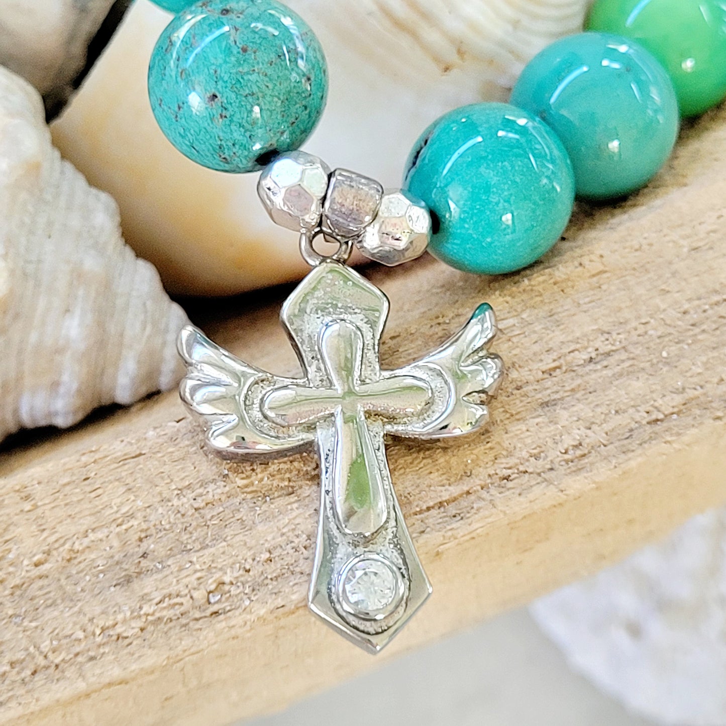 Green Jade 12mm Beaded Bracelet w/ Winged Cross Sterling Silver Medal