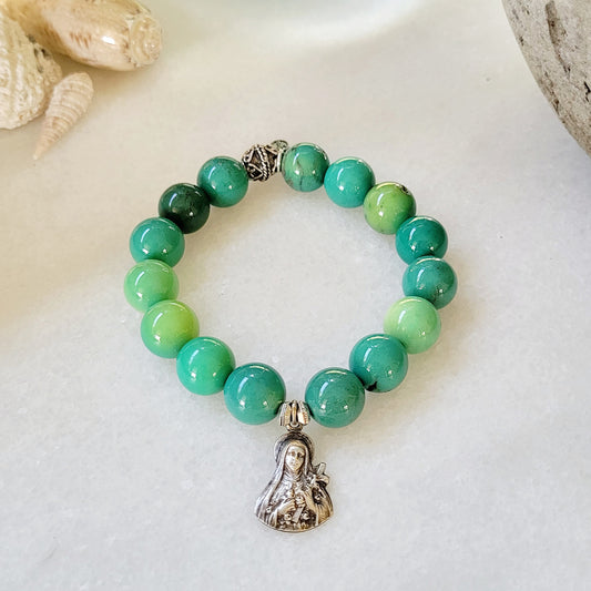 Green Jade 12mm Beaded Bracelet w/ St. Therese of Lisieux Silver Cut-out Medal