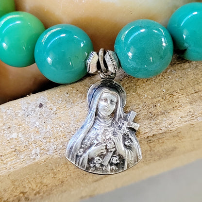 Green Jade 12mm Beaded Bracelet w/ St. Therese of Lisieux Silver Cut-out Medal