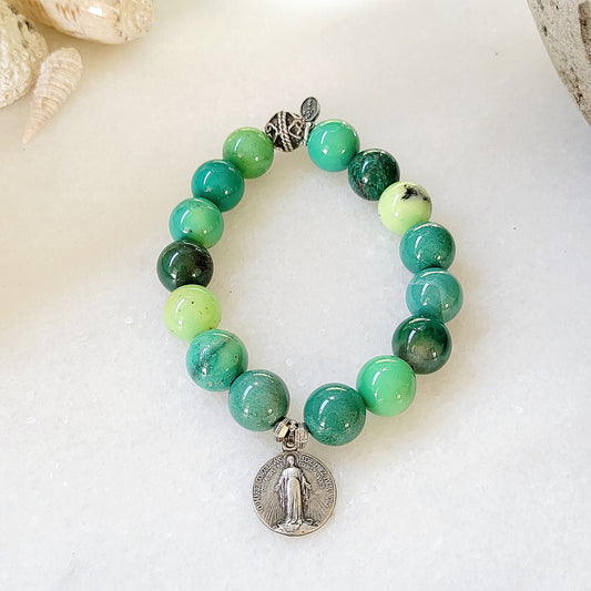 Green Jade 12mm Beaded Bracelet w/ Miraculous Medal of Mary