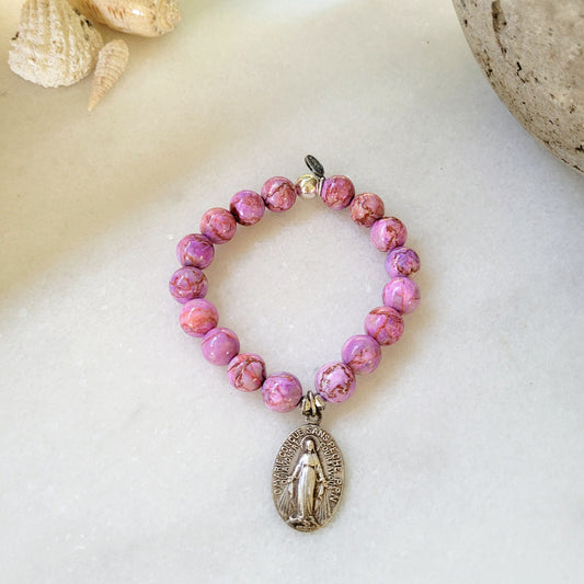 Pink Crazy Lace Agate 10mm Beaded Bracelet w/ Miraculous Medal of Mary Sterling Silver Medal