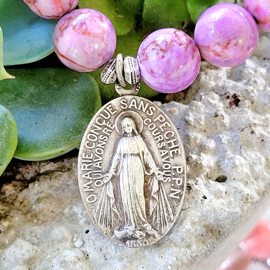 Pink Crazy Lace Agate 10mm Beaded Bracelet w/ Miraculous Medal of Mary Sterling Silver Medal