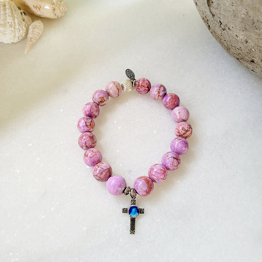 Pink Crazy Lace Agate 10mm Beaded Bracelet w/ Blessed Mother Mary Enameled Sterling Silver Cross