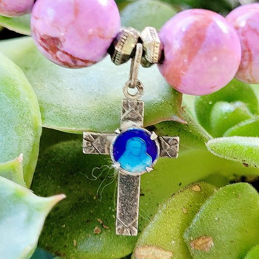 Pink Crazy Lace Agate 10mm Beaded Bracelet w/ Blessed Mother Mary Enameled Sterling Silver Cross
