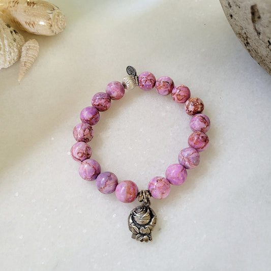 Pink Crazy Lace Agate 10mm Beaded Bracelet w/ Rose Embossed Medal / Robe of Jesus Trier 1959 Silver Medal