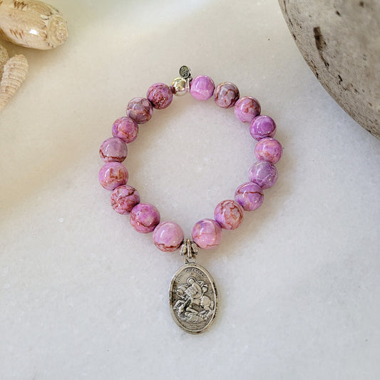 Pink Crazy Lace Agate 10mm Beaded Bracelet w/ St. George + St. Martin De Porres