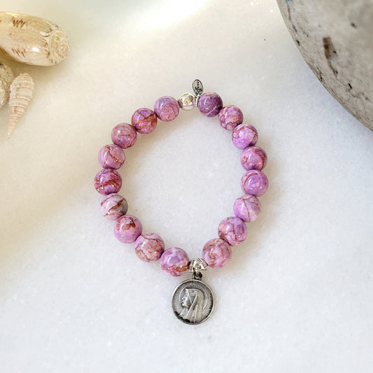 Pink Crazy Lace Agate 10mm Beaded Bracelet w/ Our Lady of Lourdes Sterling Silver Medal