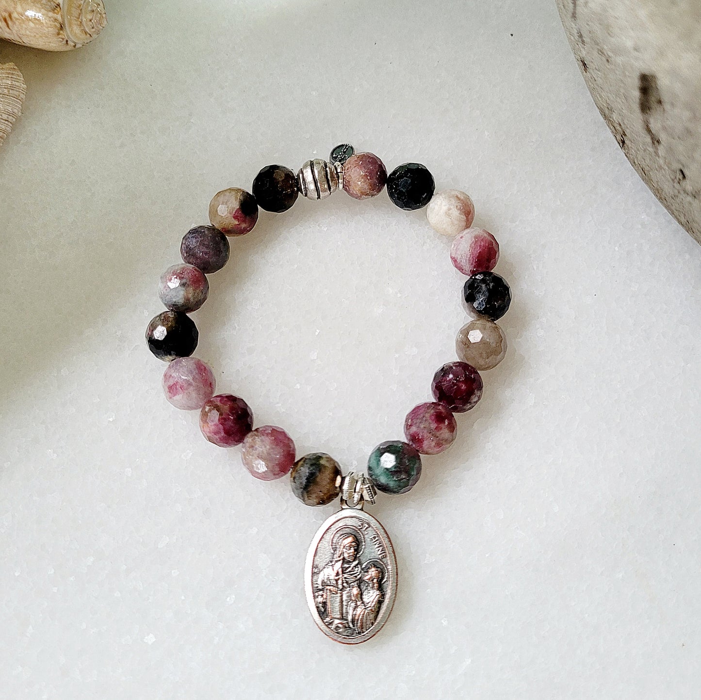 Red Sapphire Faceted 10mm Beaded Bracelet w/ St. Anne de Beaupre + Holy Family Silver Medal