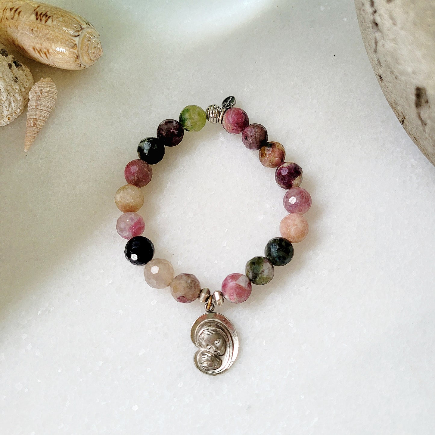 Red Sapphire Faceted 10mm Beaded Bracelet w/ Blessed Mother Mary + Child Jesus Sterling Silver Medal