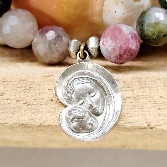 Red Sapphire Faceted 10mm Beaded Bracelet w/ Blessed Mother Mary + Child Jesus Sterling Silver Medal