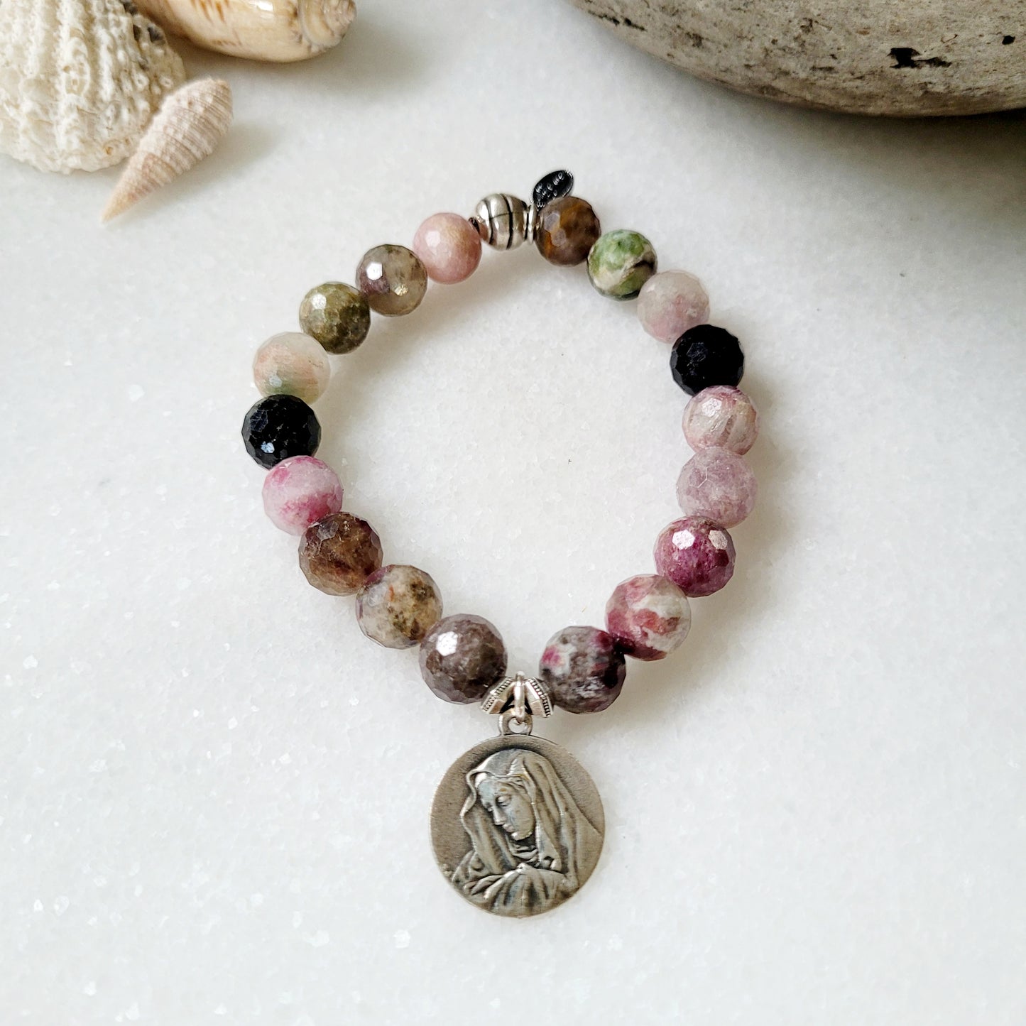 Red Sapphire Faceted 10mm Beaded Bracelet w/ Our Sorrowful Mother Mary + Jerusalem Cross Silver Medal