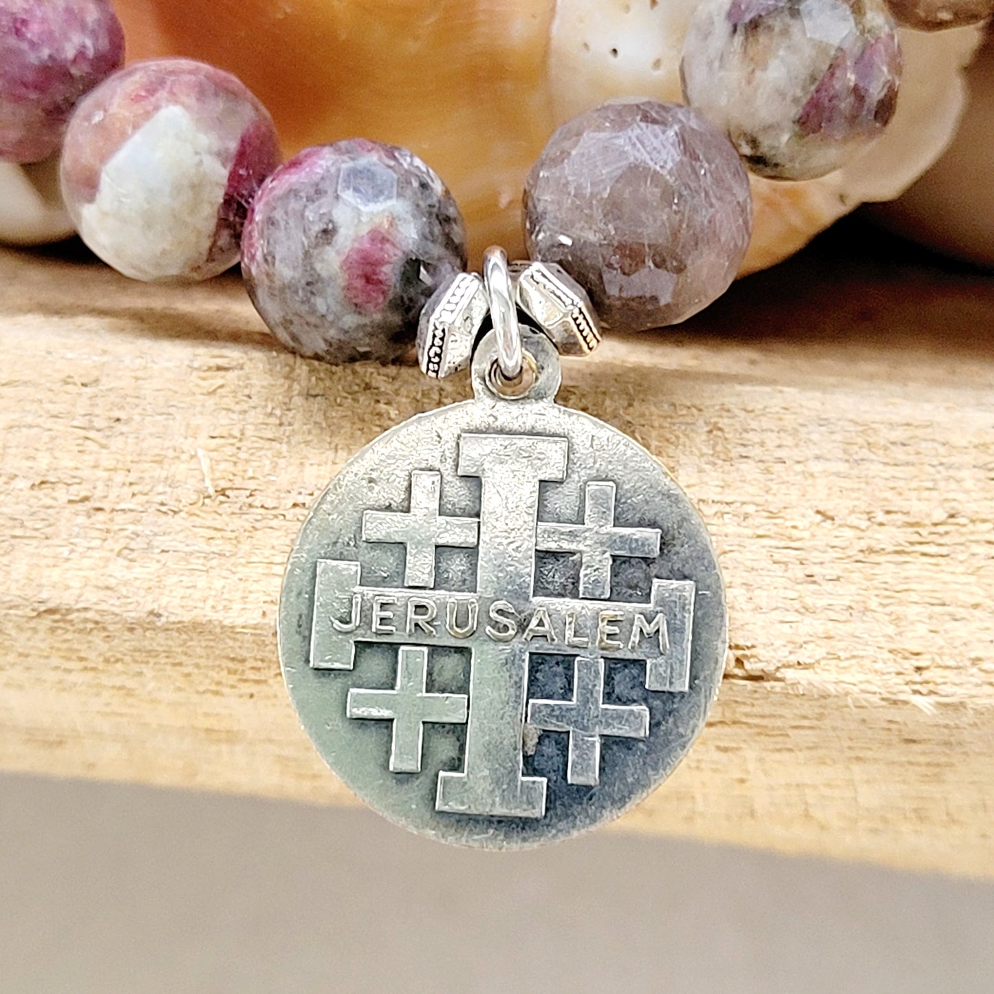 Red Sapphire Faceted 10mm Beaded Bracelet w/ Our Sorrowful Mother Mary + Jerusalem Cross Silver Medal