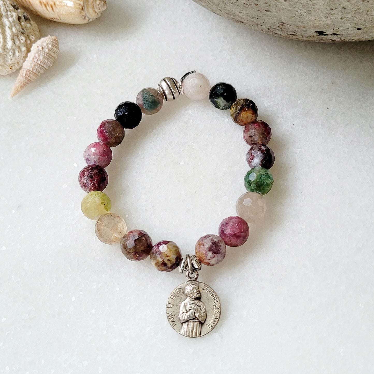 Red Sapphire Faceted 10mm Beaded Bracelet w/ St. Francis / St. Clare of Assisi Silver Medal