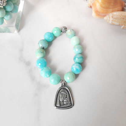 Brazilian Amazonite Faceted 14mm Beaded Bracelet w/ Blessed Mother w/ Baby Jesus Medal