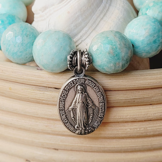 Brazilian Amazonite Faceted 14mm Beaded Bracelet w/ Deeply Embossed Silver Miraculous Medal