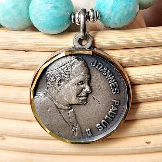 Brazilian Amazonite Faceted 14mm Beaded Bracelet w/ Large Signed Silver Medal of St. John Paul II